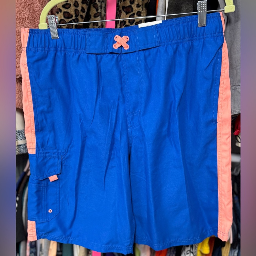 O’rageous men’s size large swim shorts blue coral cargo pocket mesh lined new